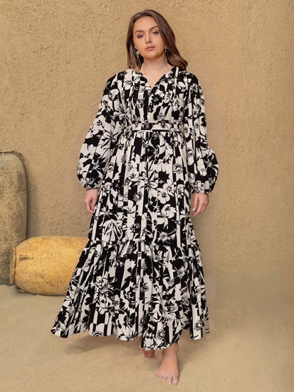 Plus Size Floral Print Balloon Sleeve Maxi Dress Black