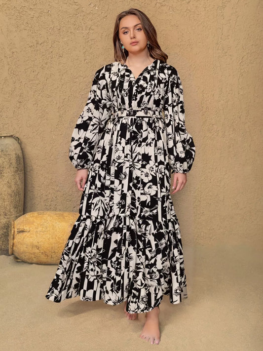Plus Size Floral Print Balloon Sleeve Maxi Dress Black