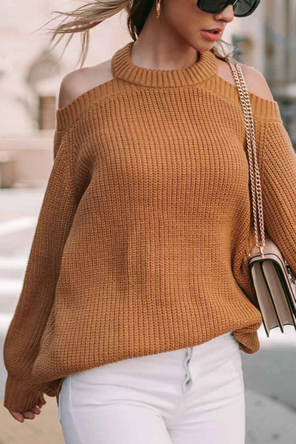 Back To School Sweater - Cutout Back Cold Shoulder Long Sleeve Sweater