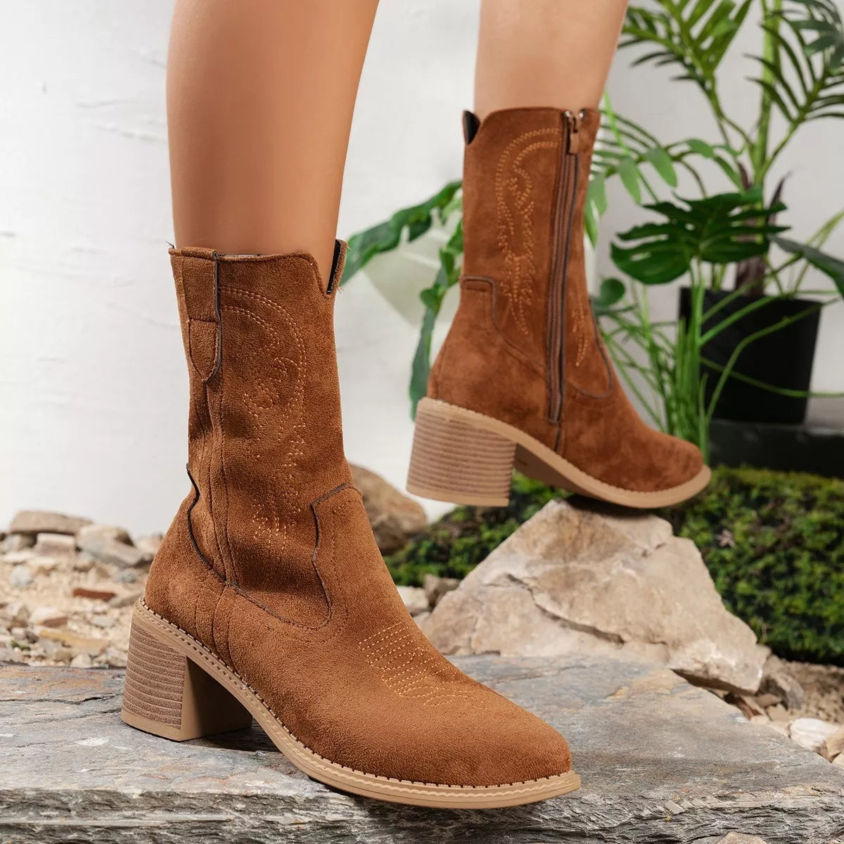 Suede Block Heel Western Boots