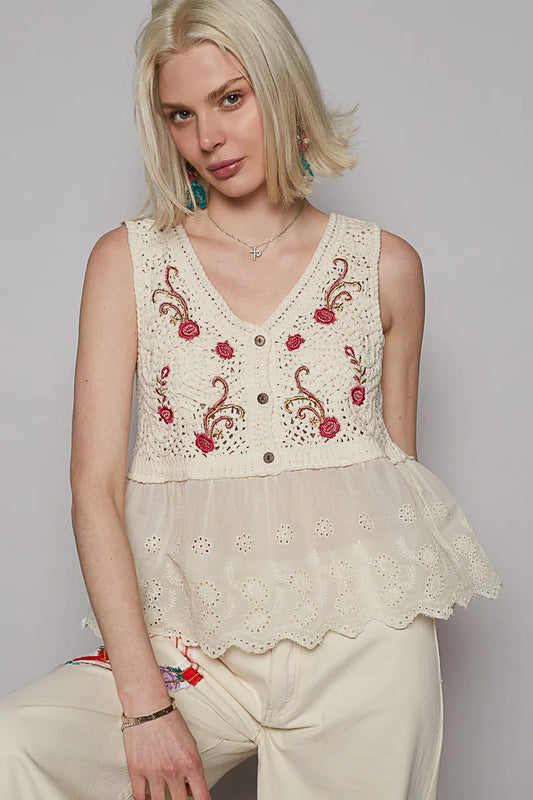 POL Embroidered Detail V-Neck Eyelet Peplum Tank Cream One Size