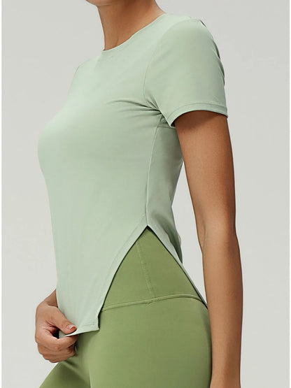 Full Size Slit Round Neck Short Sleeve Active T-Shirt Plus Size