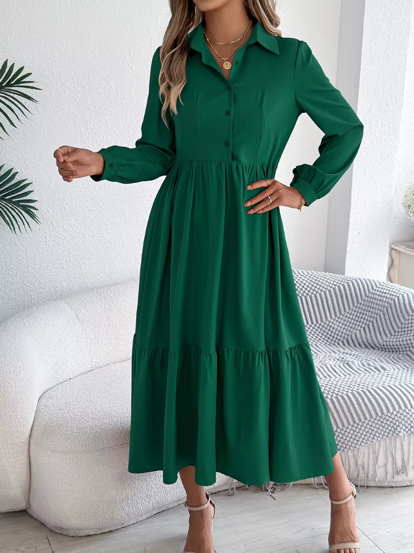 Long Sleeve Tiered Button Front Midi Dress