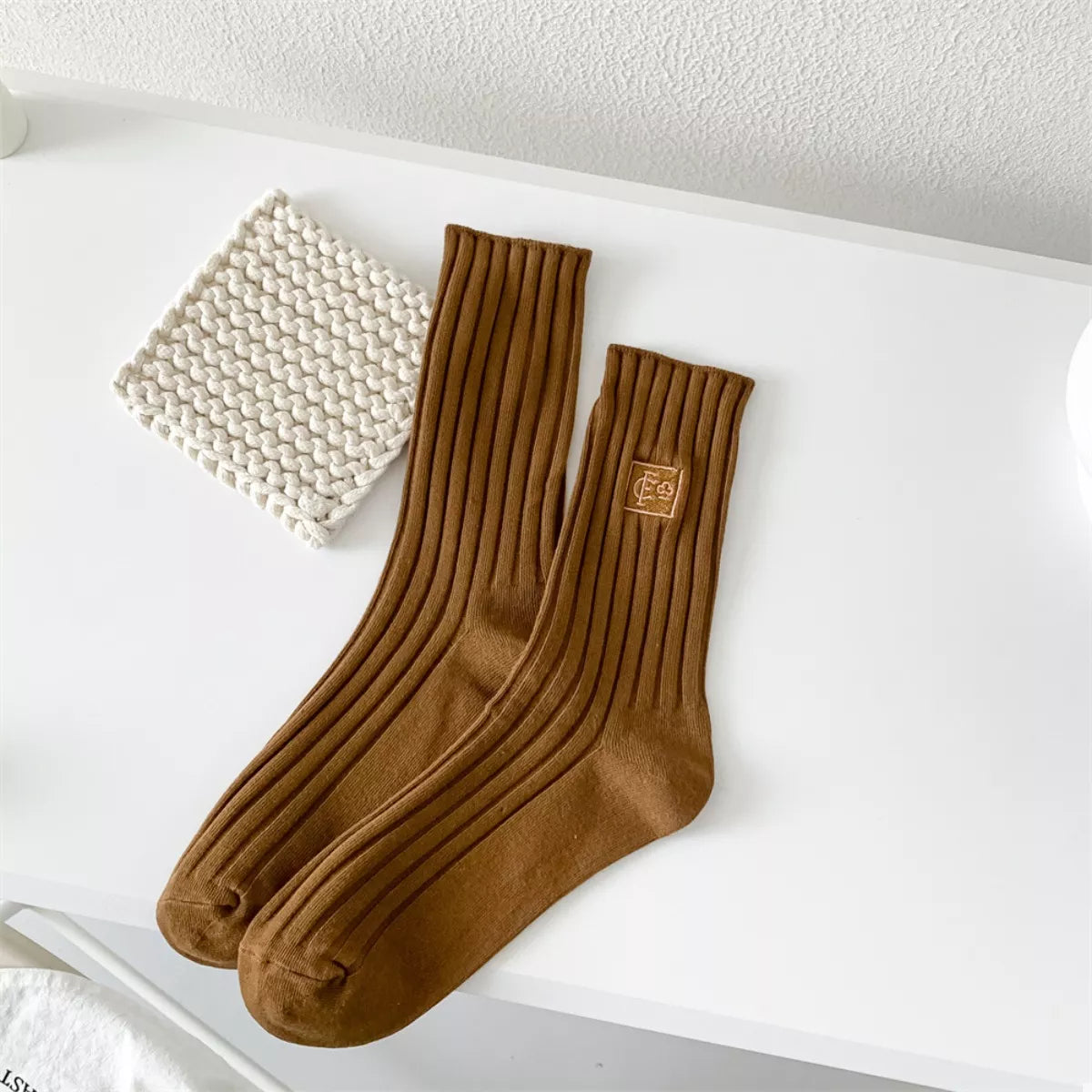 Breathable Ribbed Knit Crew Socks Coffee Brown One Size