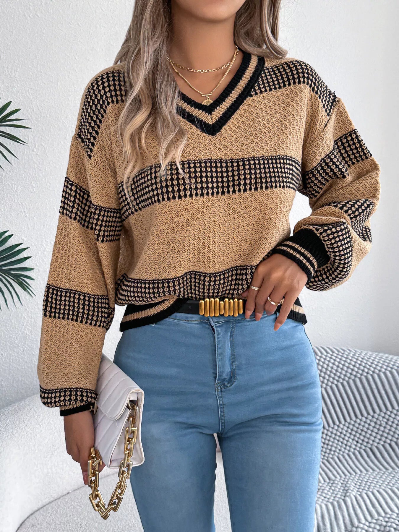 Contrast Striped V-Neck Sweater