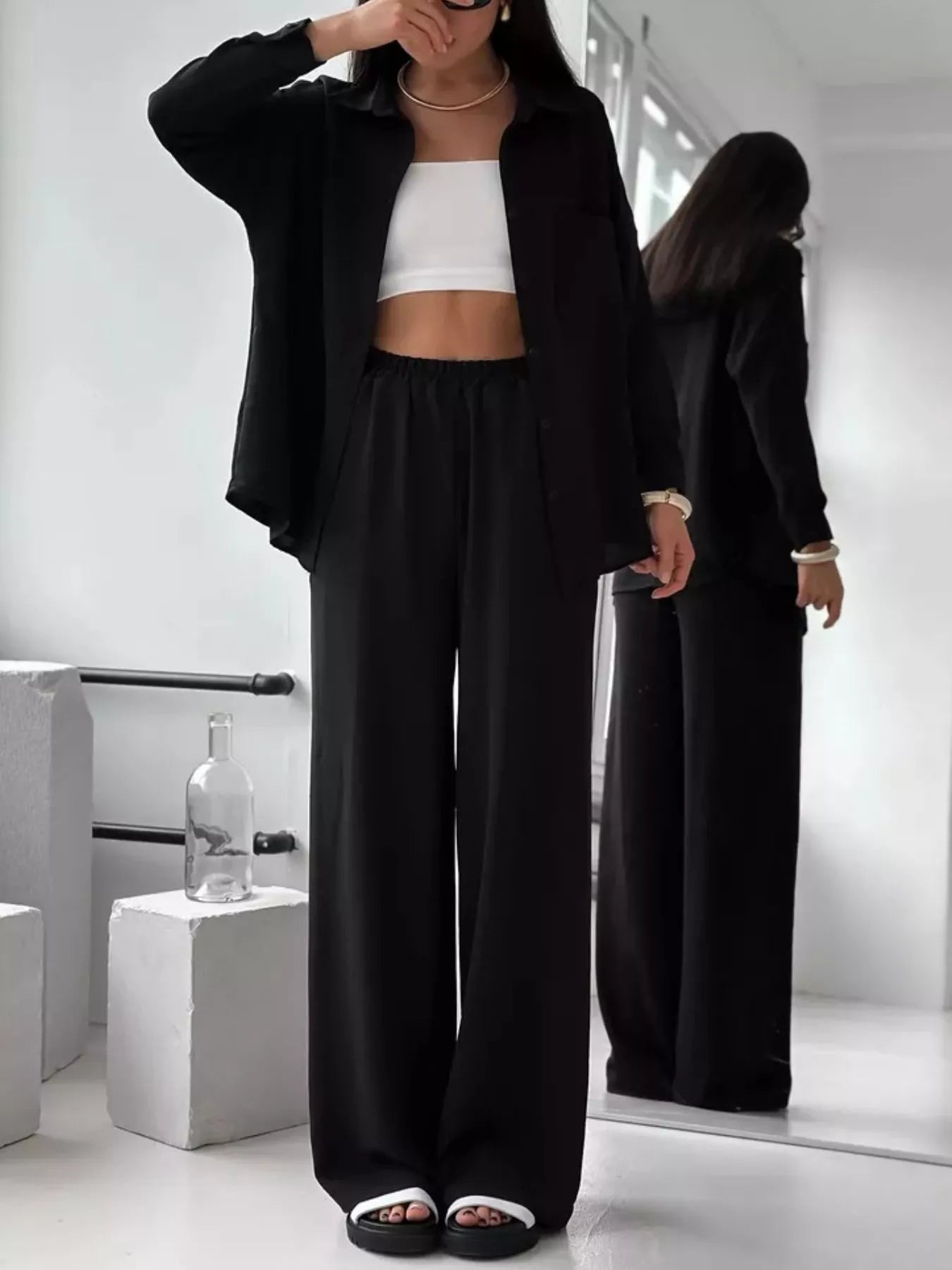 Button Up Long Sleeve Shirt and Pants Set Black