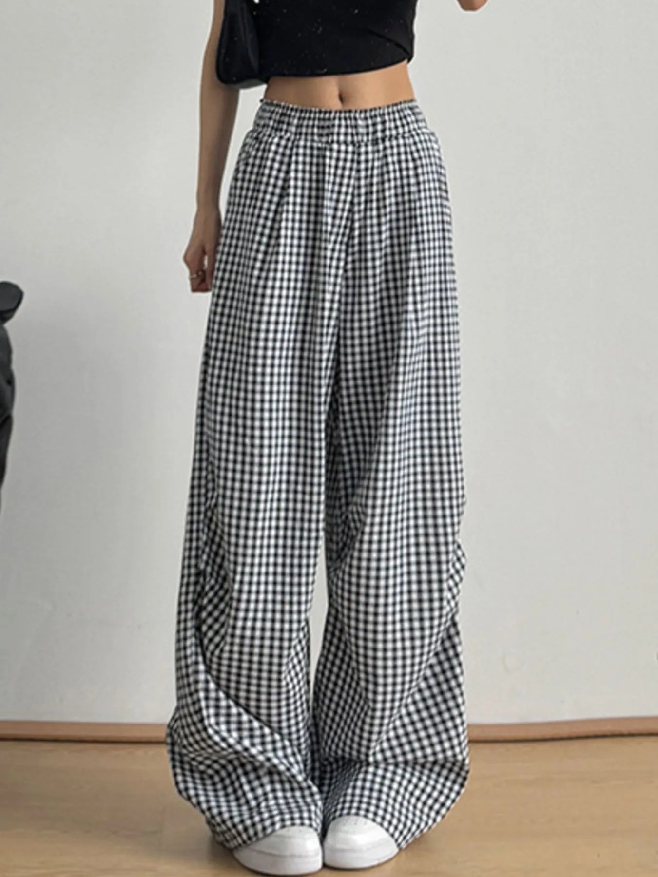 Gingham Check Wide Leg Casual Pants