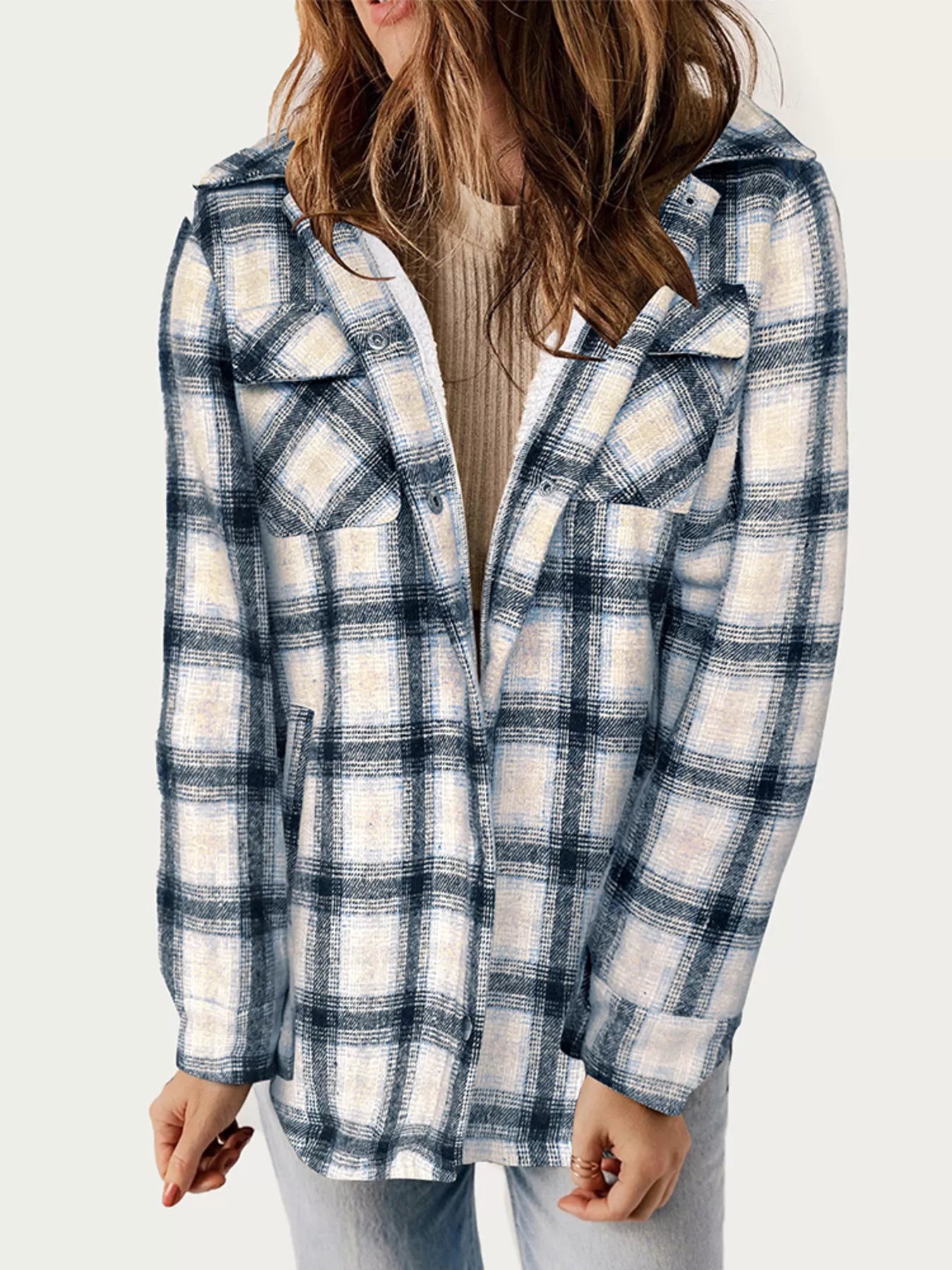 Oversized Plaid Long Sleeve Fleece Jacket Blue
