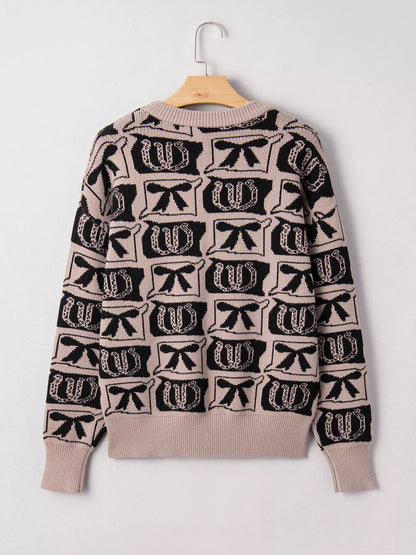 Bows & Horseshoes Pattern Round Neck Sweater