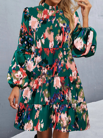 Printed Balloon Sleeve Mini Dress Dark Green