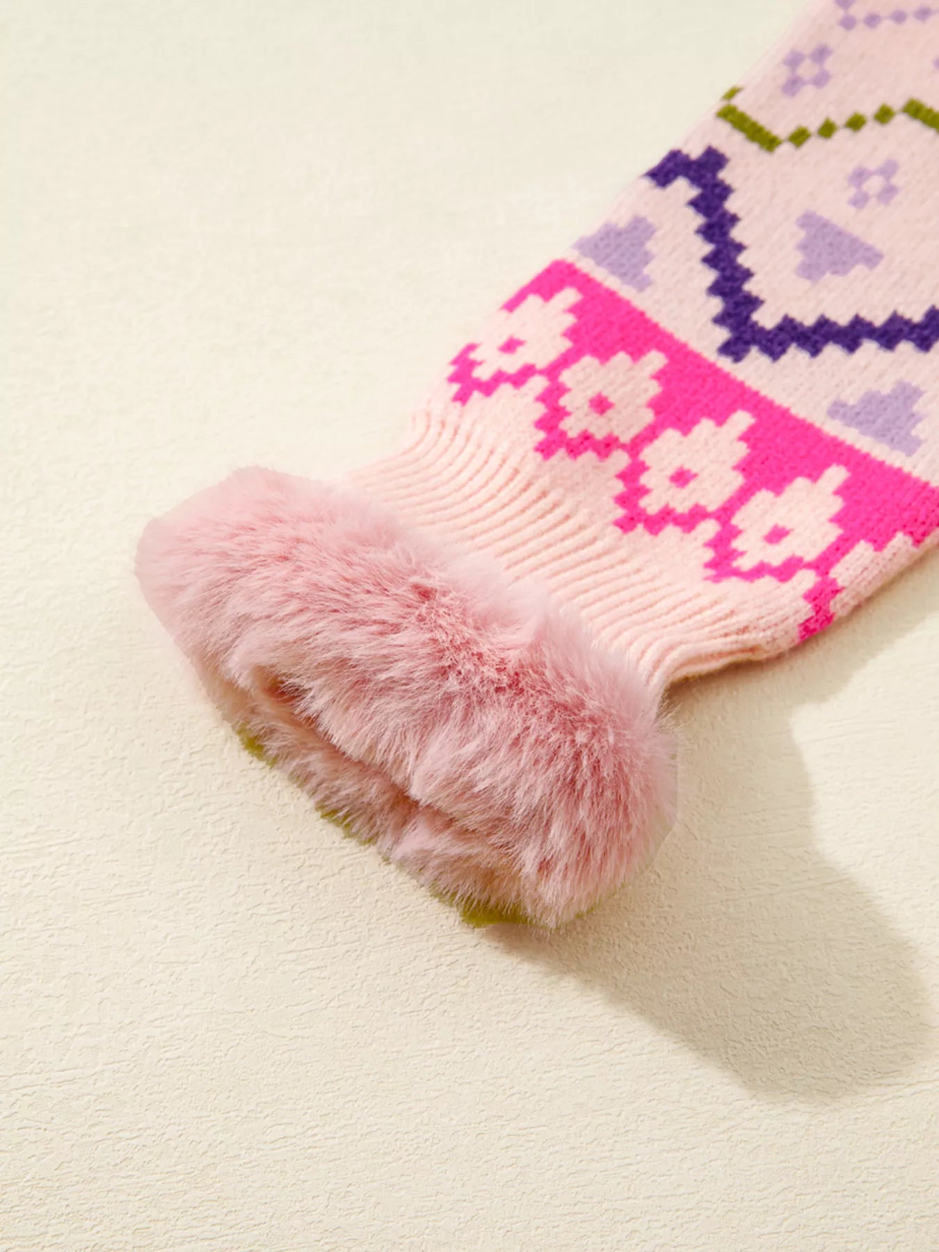 Multicolour Ethnic Christmas Pattern Knit Feather Cuffed Sweater