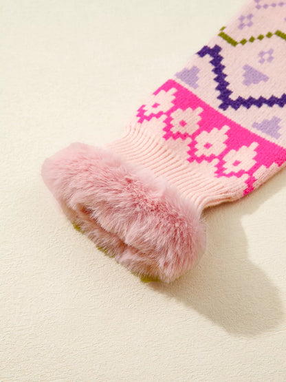 Multicolour Ethnic Christmas Pattern Knit Feather Cuffed Sweater