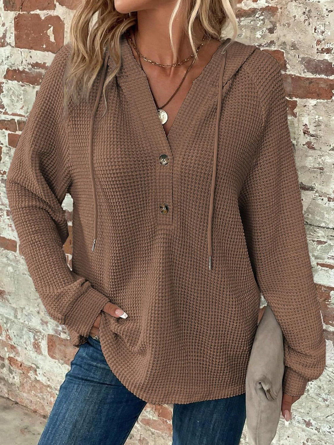 Waffle Knit Long Sleeve Drawstring Hooded Top Taupe