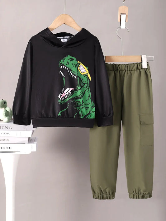Children's Dinosaur Graphic Hoodie and Pants Set Black