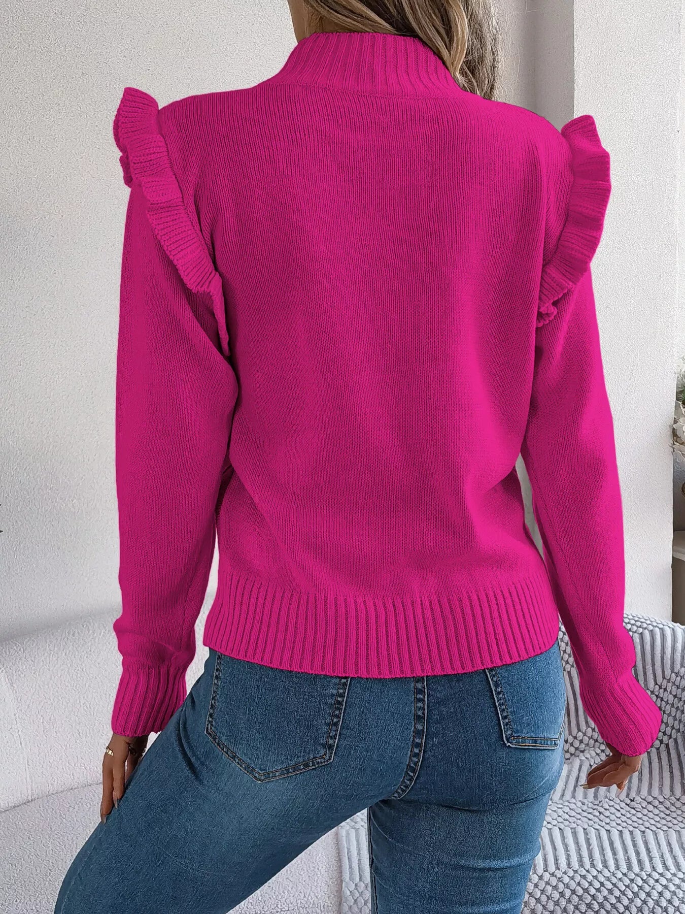 Mock Neck Ruffle Trim Long Sleeve Sweater
