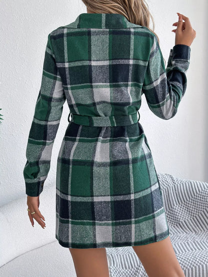 Plaid Button Front Tie Waist Shirt Dress