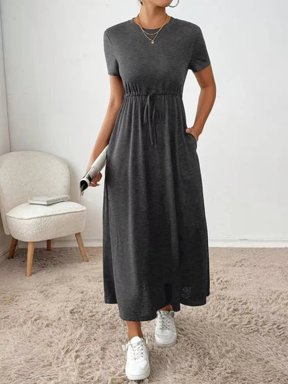 Casual Drawstring Waist Short Sleeve Tee Dress