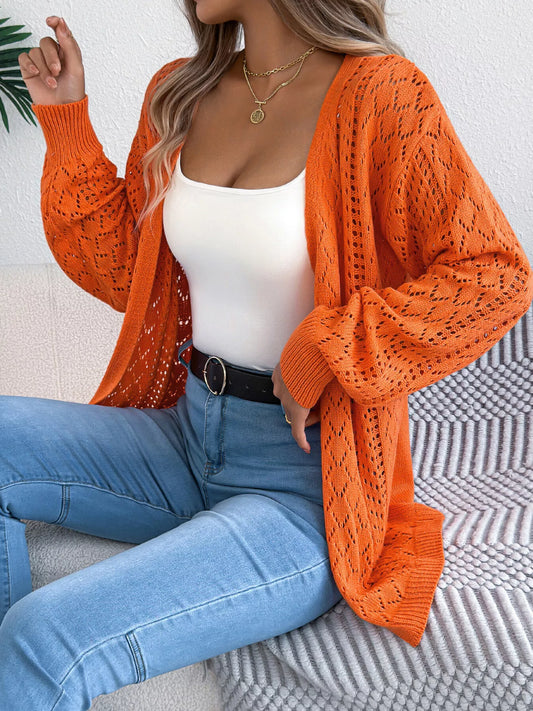 Openwork Open-Front Long Sleeve Cardigan Orange