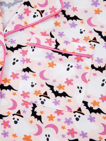 Halloween Ghost Print Button Up Top and Pants Lounge Set