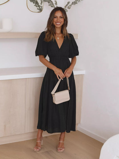 Tiered Puff Sleeve Midi Dress Black