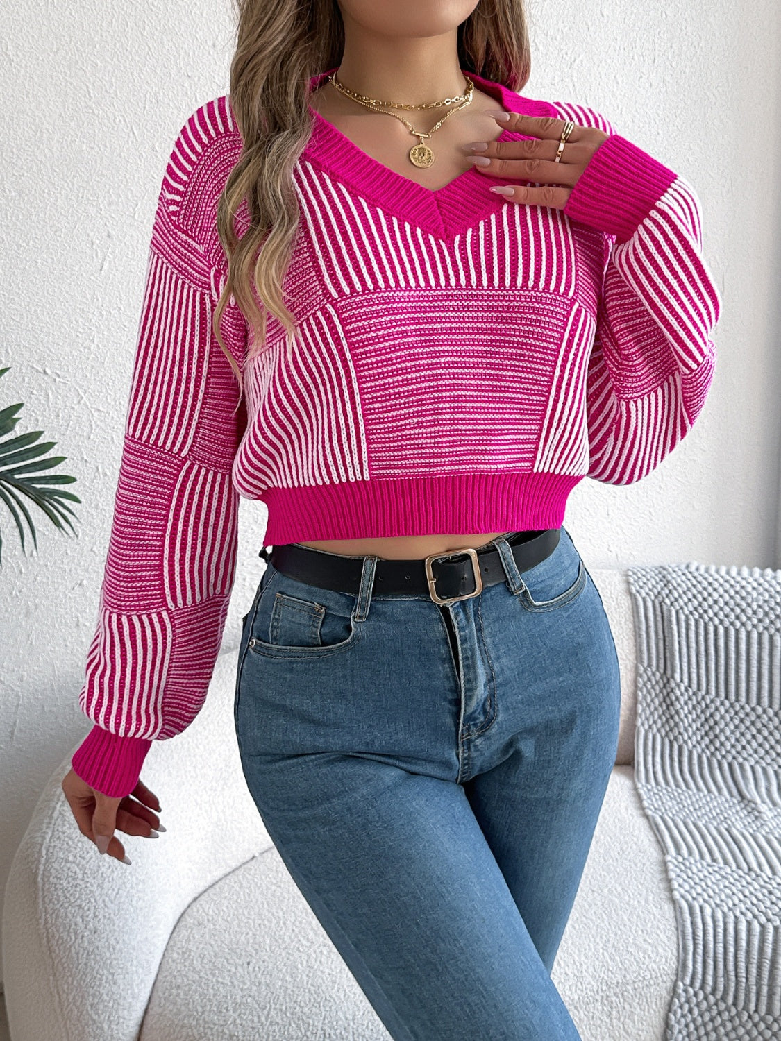 Striped V-Neck Long Sleeve Sweater Hot Pink