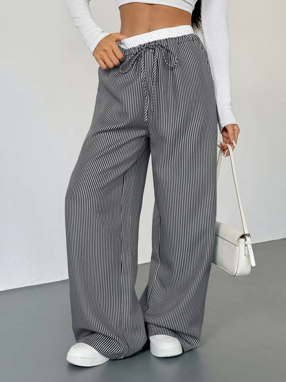 Striped Wide Leg Drawstring Pants Black