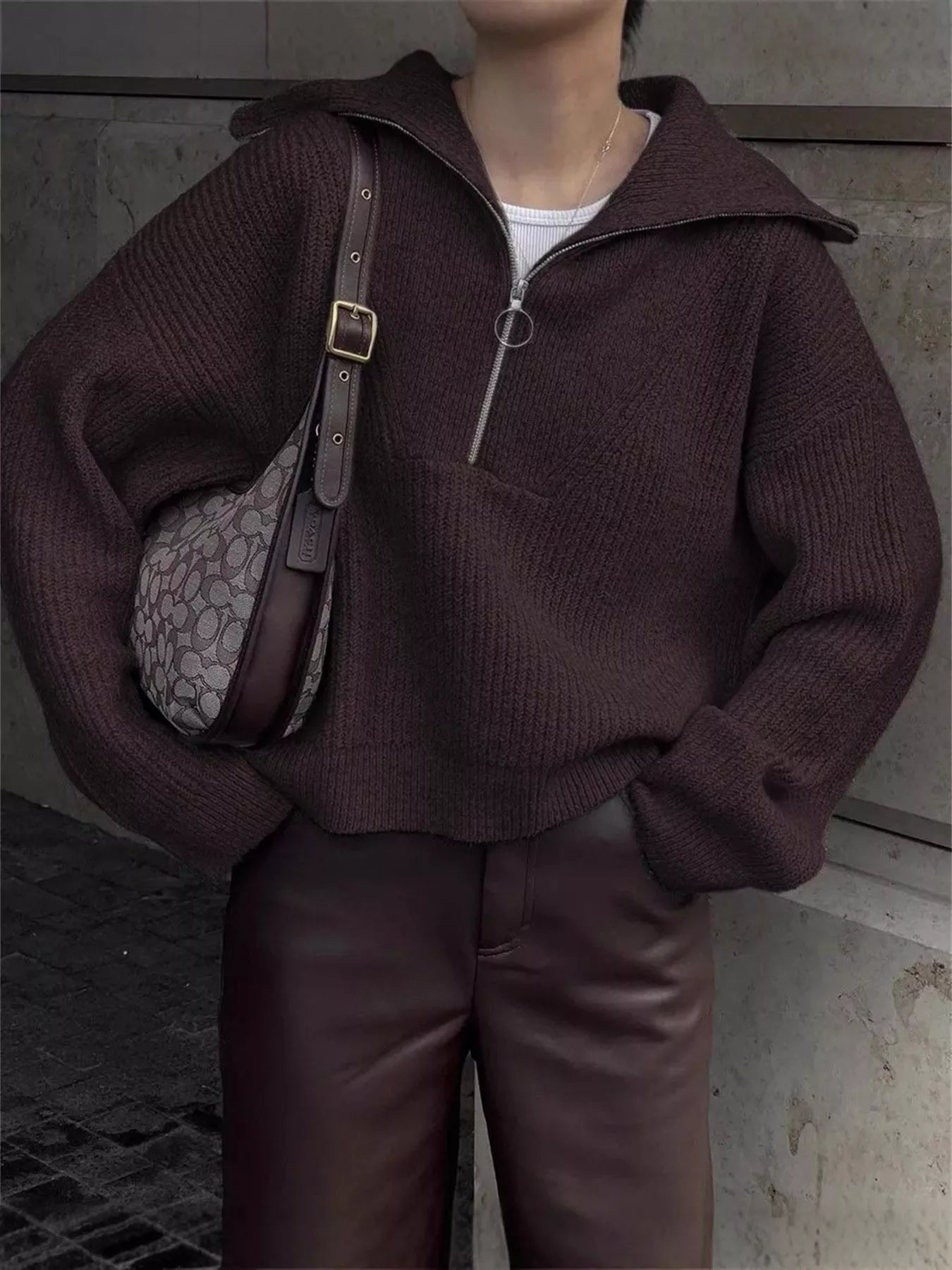 Half Zip Dropped Shoulder Sweater Brown One Size