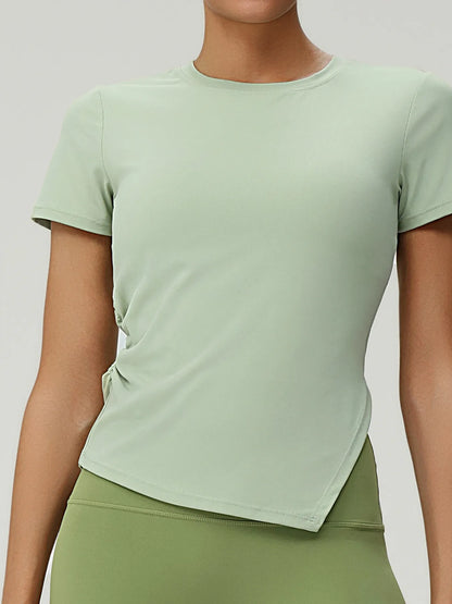 Full Size Slit Round Neck Short Sleeve Active T-Shirt Plus Size Avocado Green