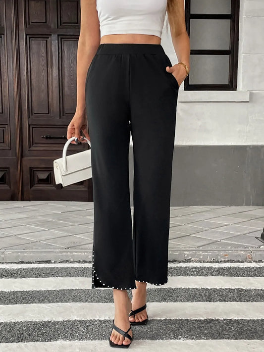 Pearl-Embellished Cropped Wide-Leg Pants