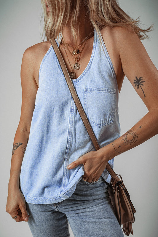 Backless Halter Neck Denim Top Light Blue