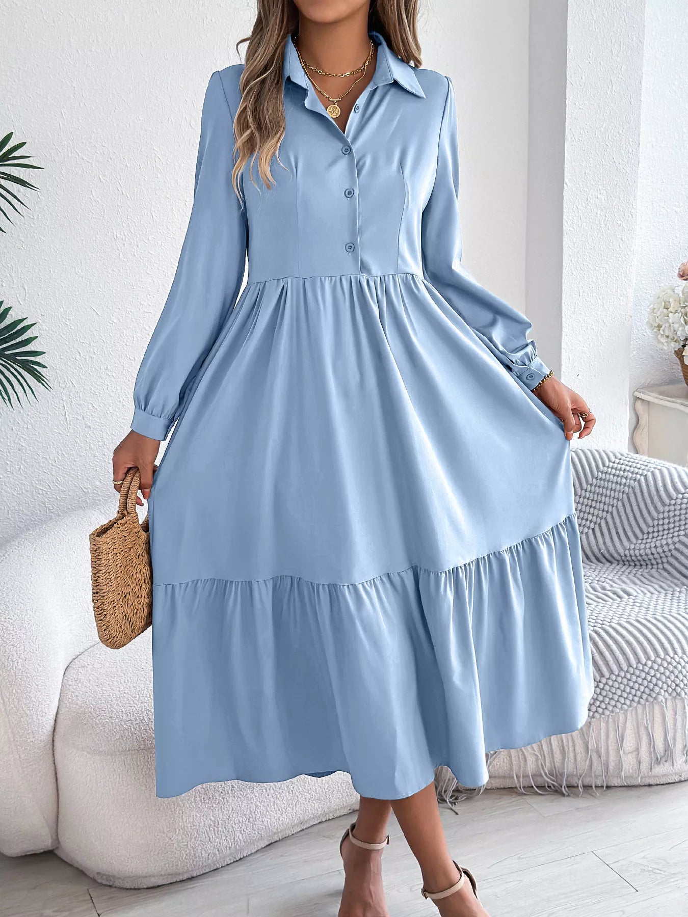 Long Sleeve Tiered Button Front Midi Dress Light Blue