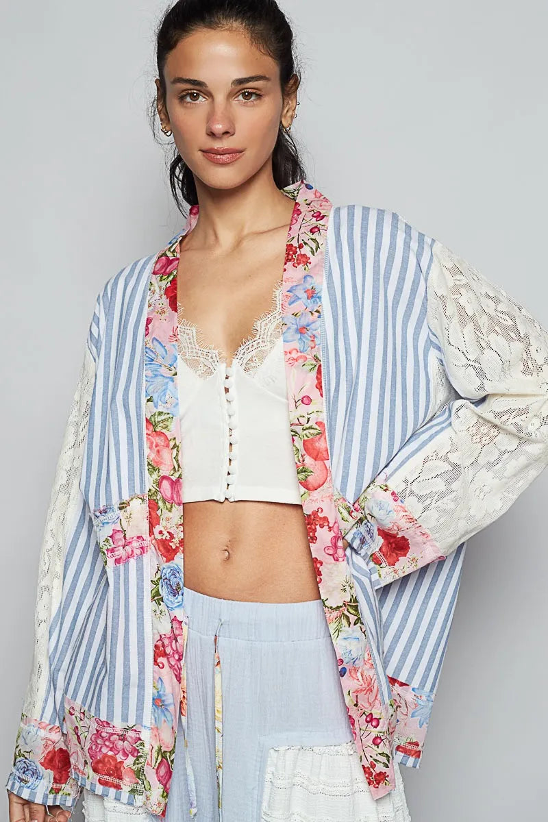 POL Lace Long Sleeve Striped Cardigan with Floral Patchwork Detail