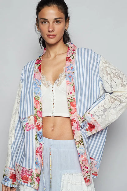 POL Lace Long Sleeve Striped Cardigan with Floral Patchwork Detail