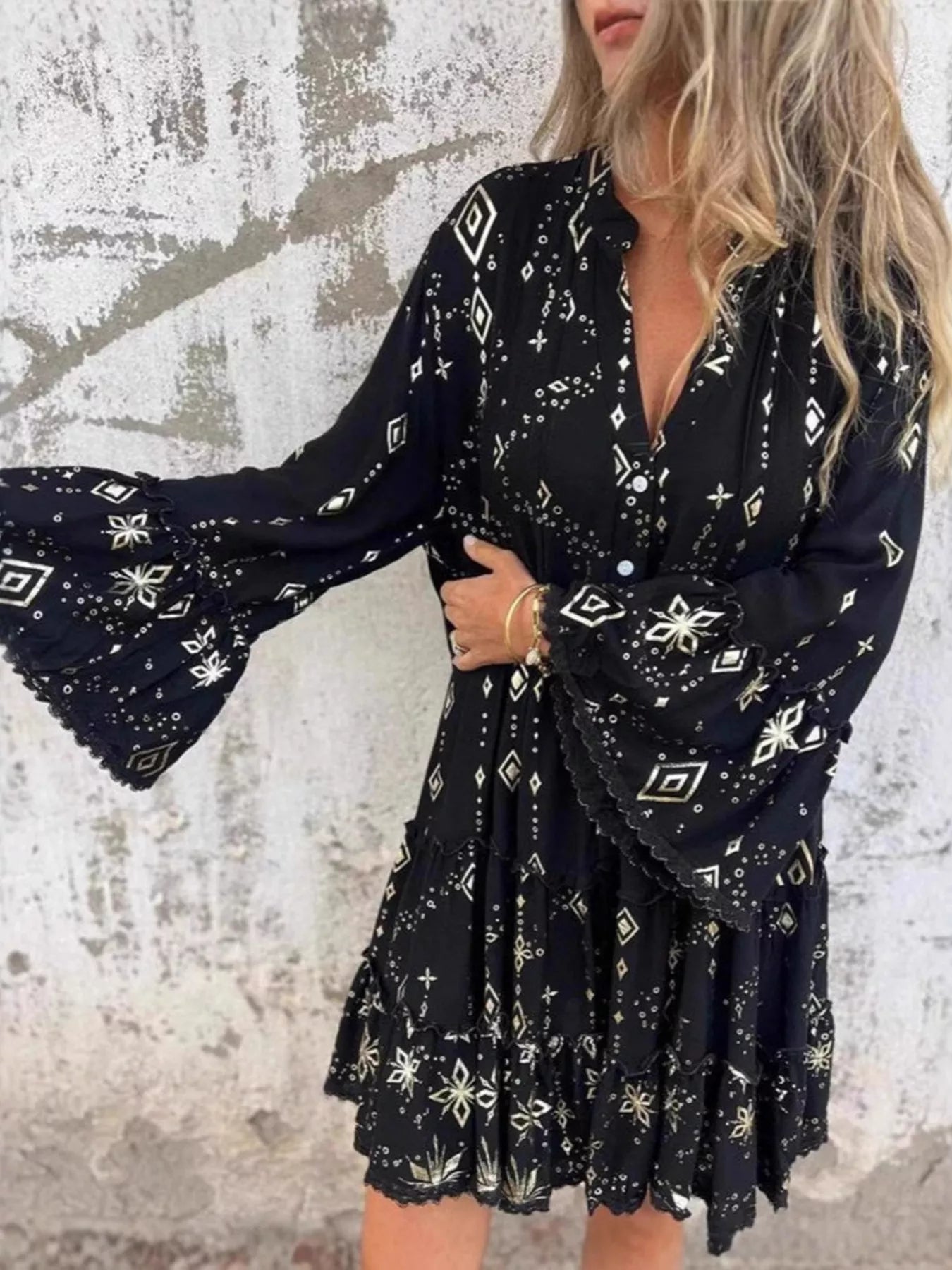 Full Size Printed Notched Flare Sleeve Dress Plus Size
