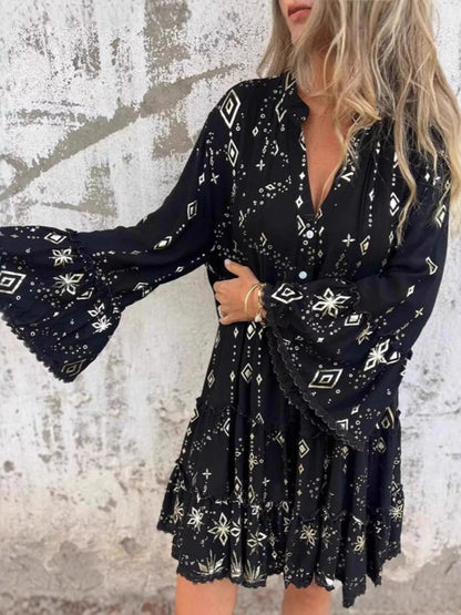 Full Size Printed Notched Flare Sleeve Dress Plus Size