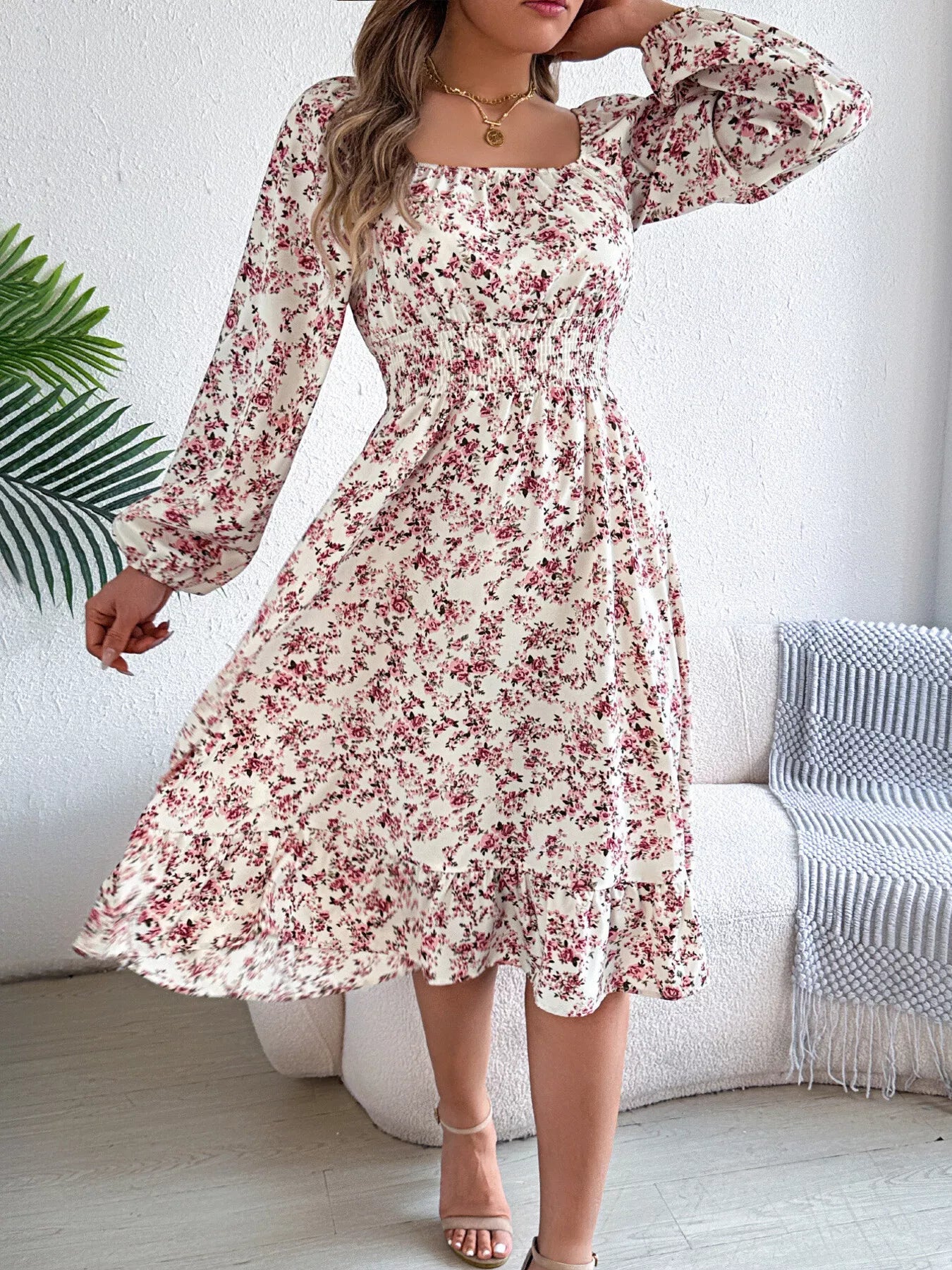 Floral Print Long Sleeve Square Neck Midi Dress