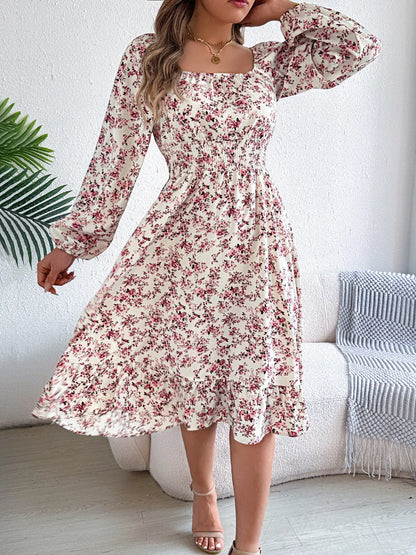 Floral Print Long Sleeve Square Neck Midi Dress