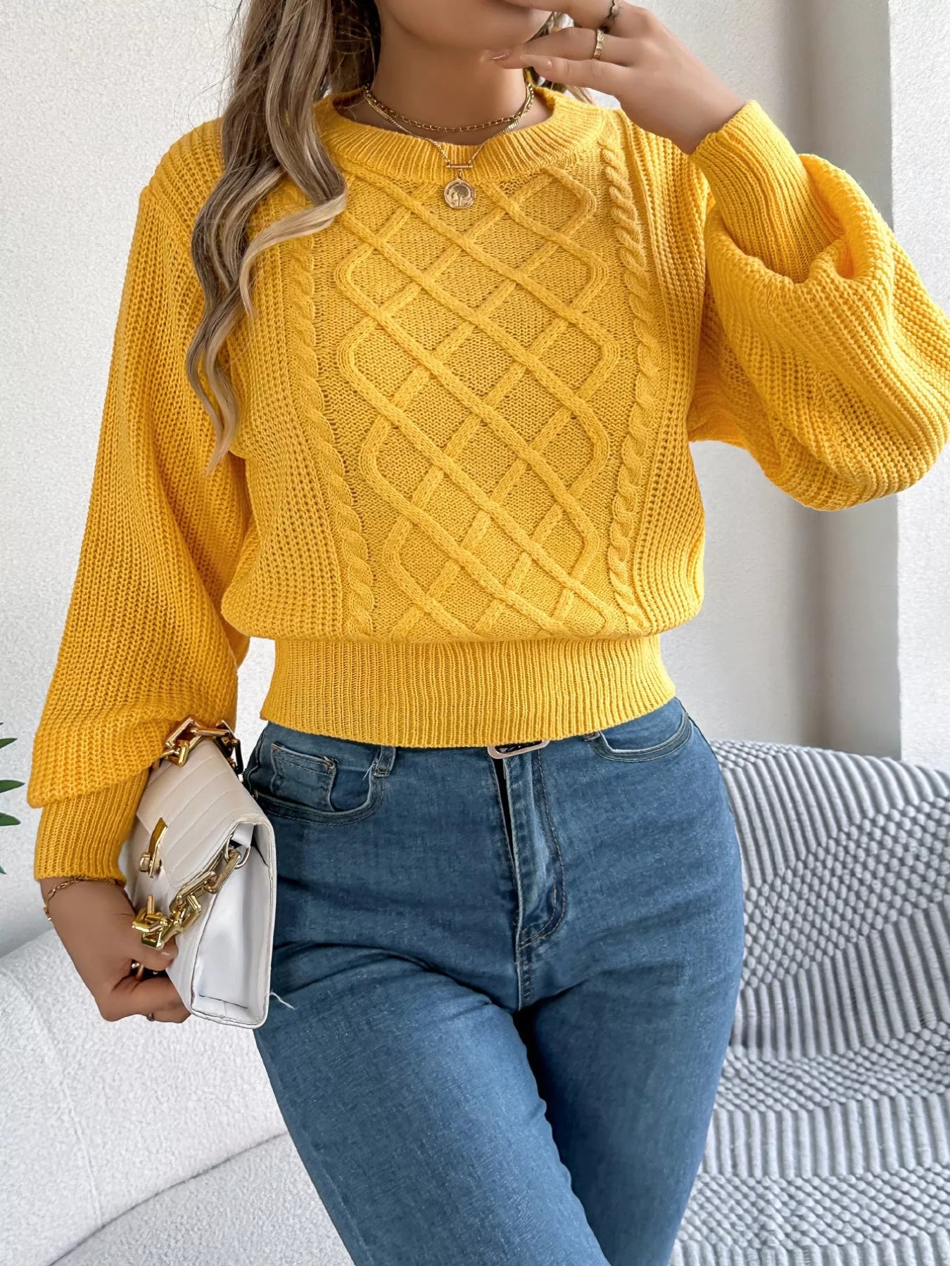 Cable Knit Diamond Pattern Long Sleeve Sweater