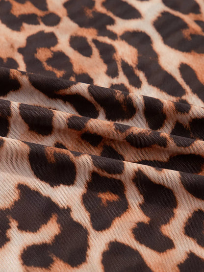 Leopard Mock Neck Long Sleeve Mesh Top