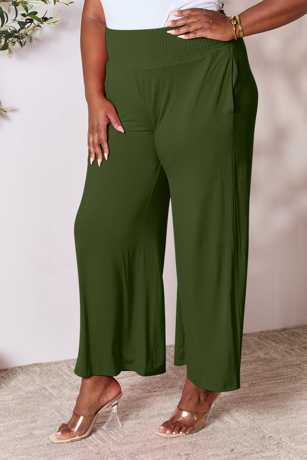 Smocked High-Waist Wide Leg Pants