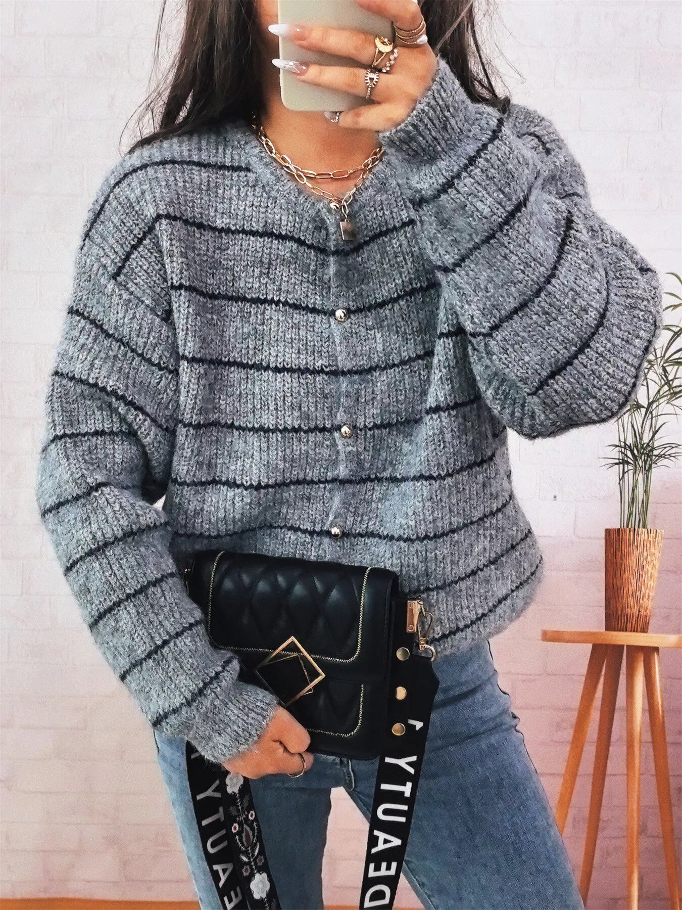 Striped Button Up Long Sleeve Cardigan