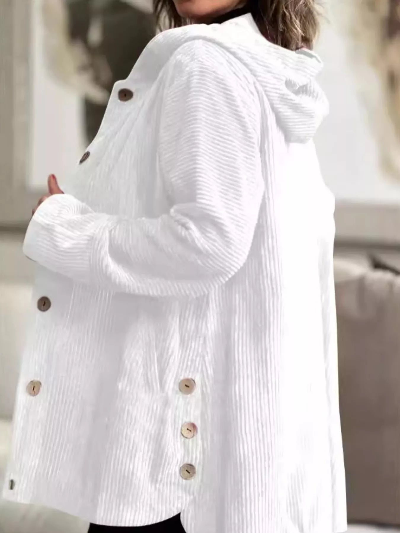 Full Size Corduroy Hooded Button-Up Jacket Plus Size White