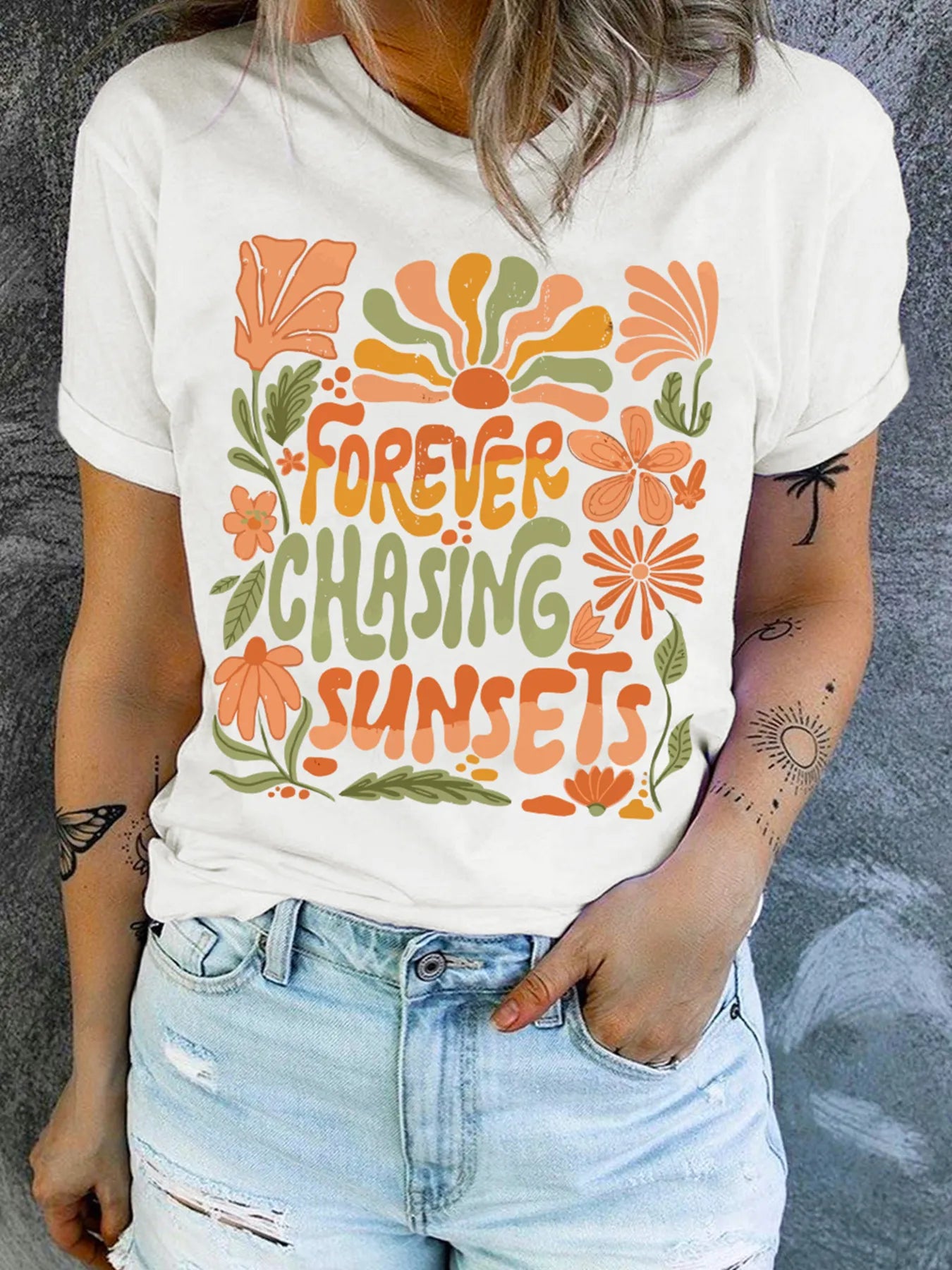 FOREVER CHASING SUNSETS Round Neck T Shirt
