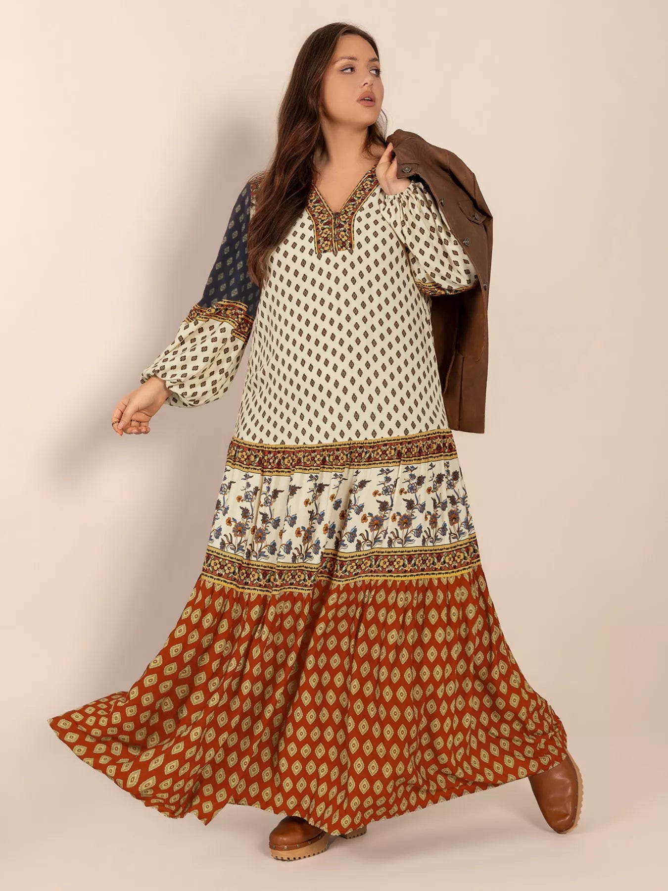 Plus Size Notched Balloon Sleeve Maxi Dress Caramel