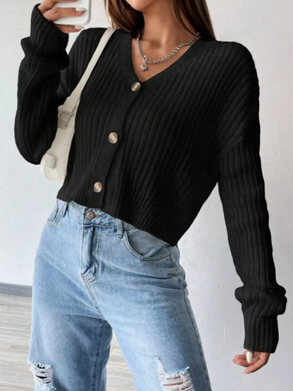 V-Neck Button-Up Cardigan Black