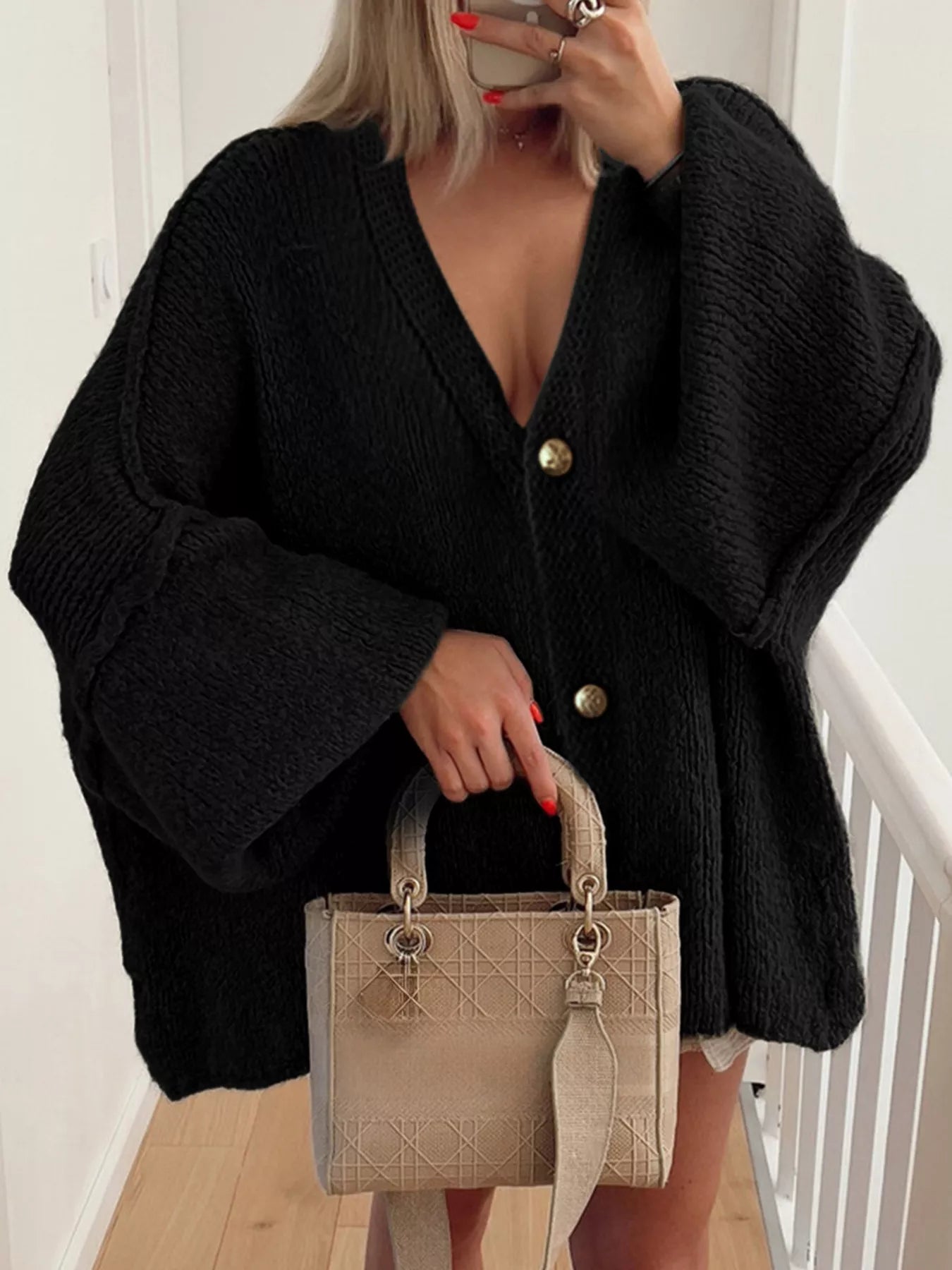Oversized Knit Button Up Cardigan Black