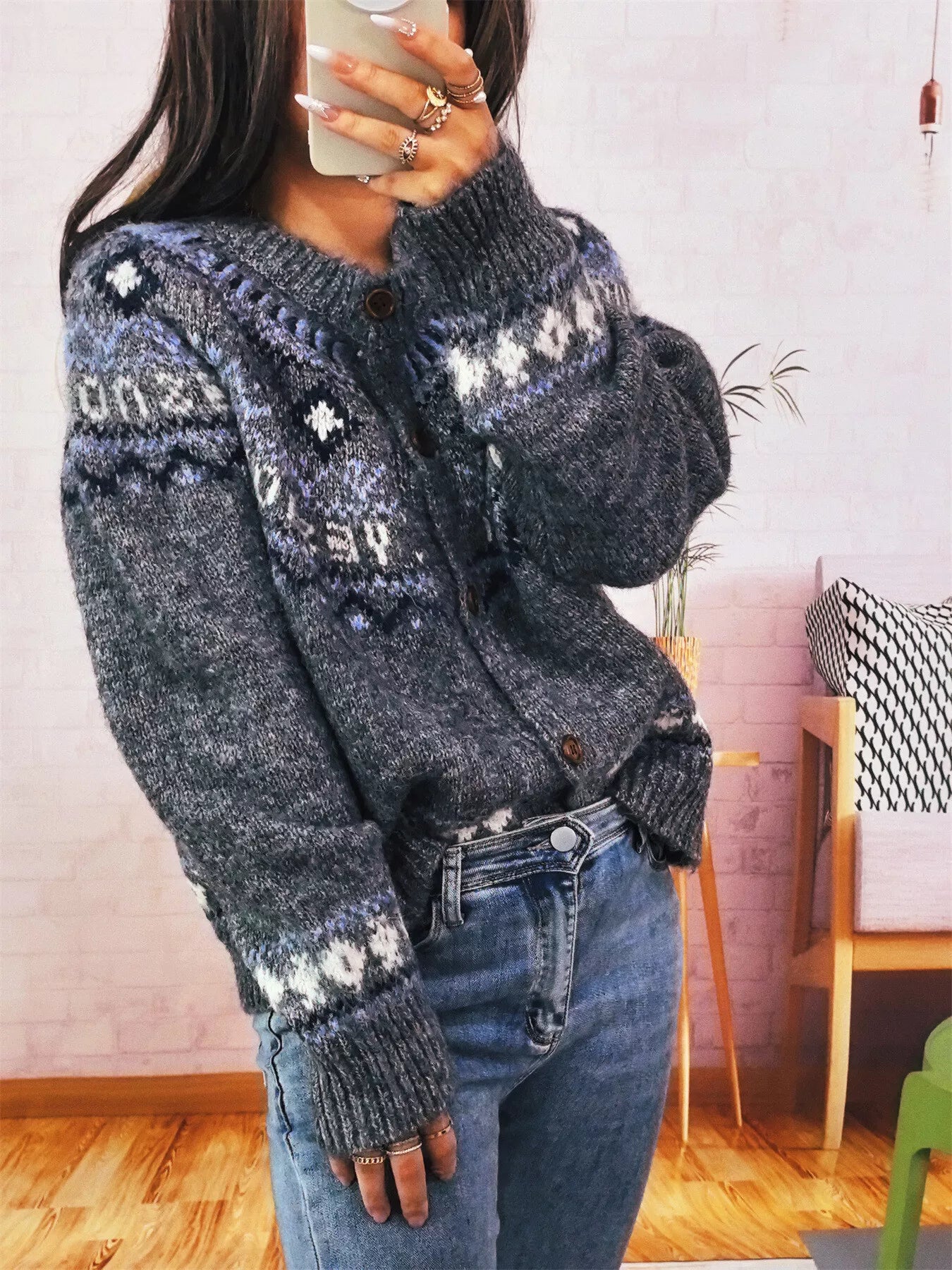 Geometric Pattern Button Up Long Sleeve Cardigan