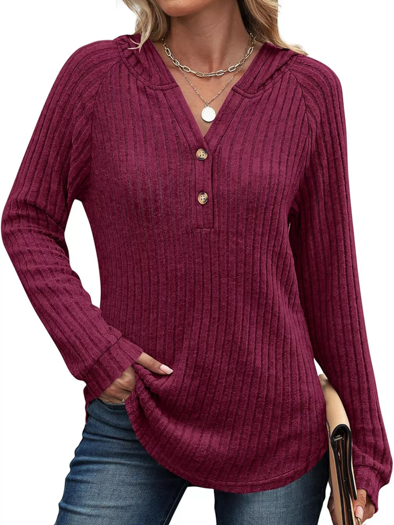 Full Size Ribbed Knit Button Detail Hooded Top Plus Size Burgundy
