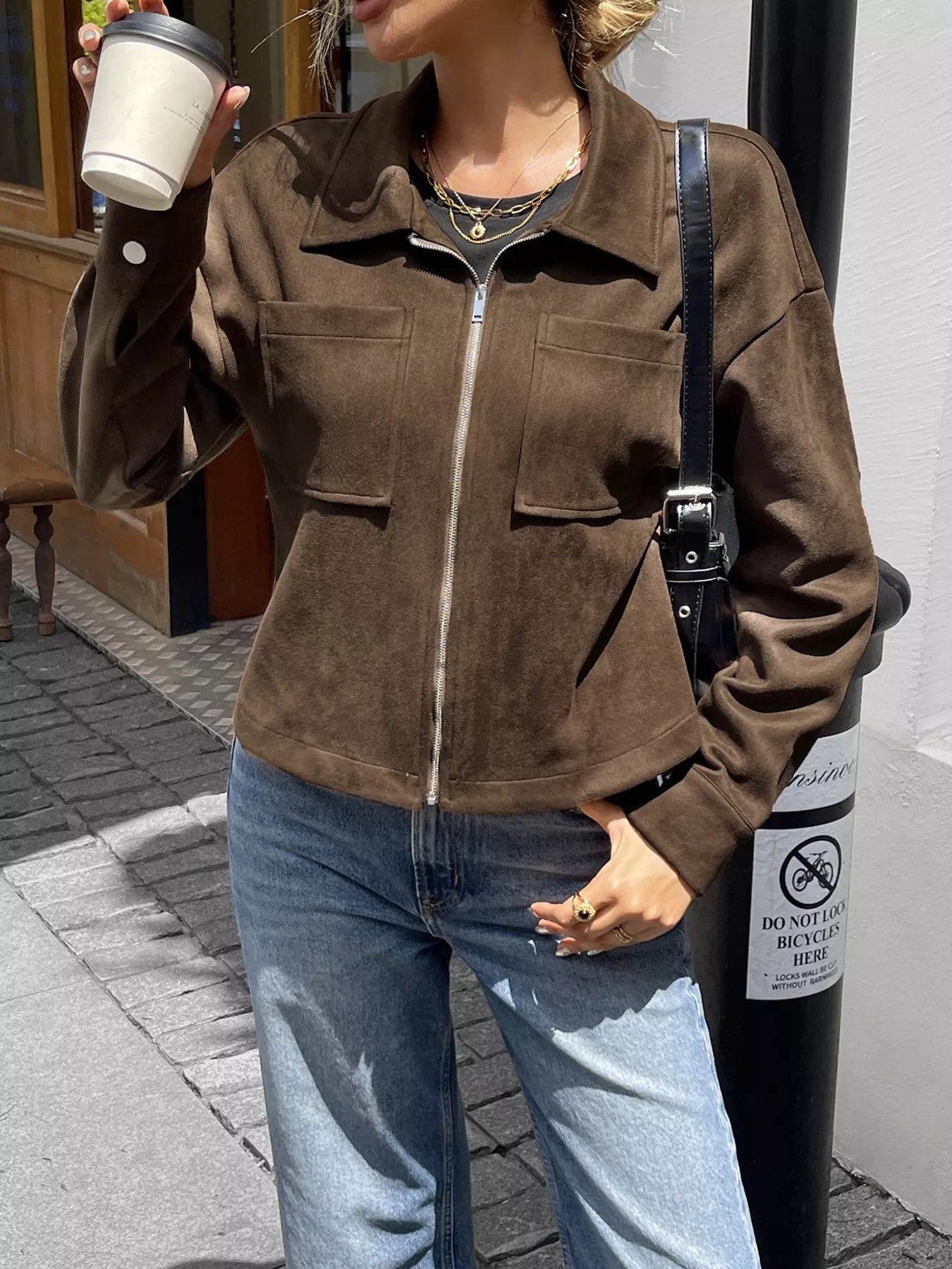 Casual Long Sleeve Zip-Up Jacket Brown