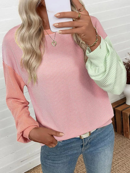 Color Block Ribbed Long Sleeve T-Shirt